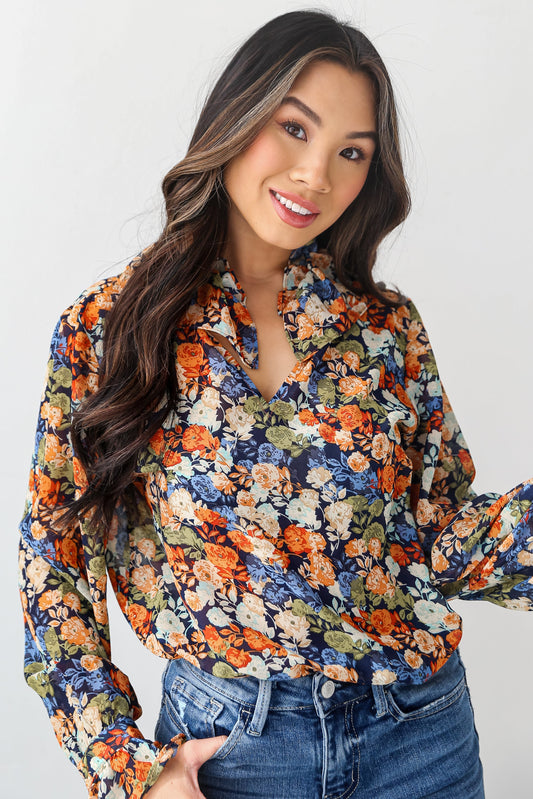 Navy Floral Blouse on model