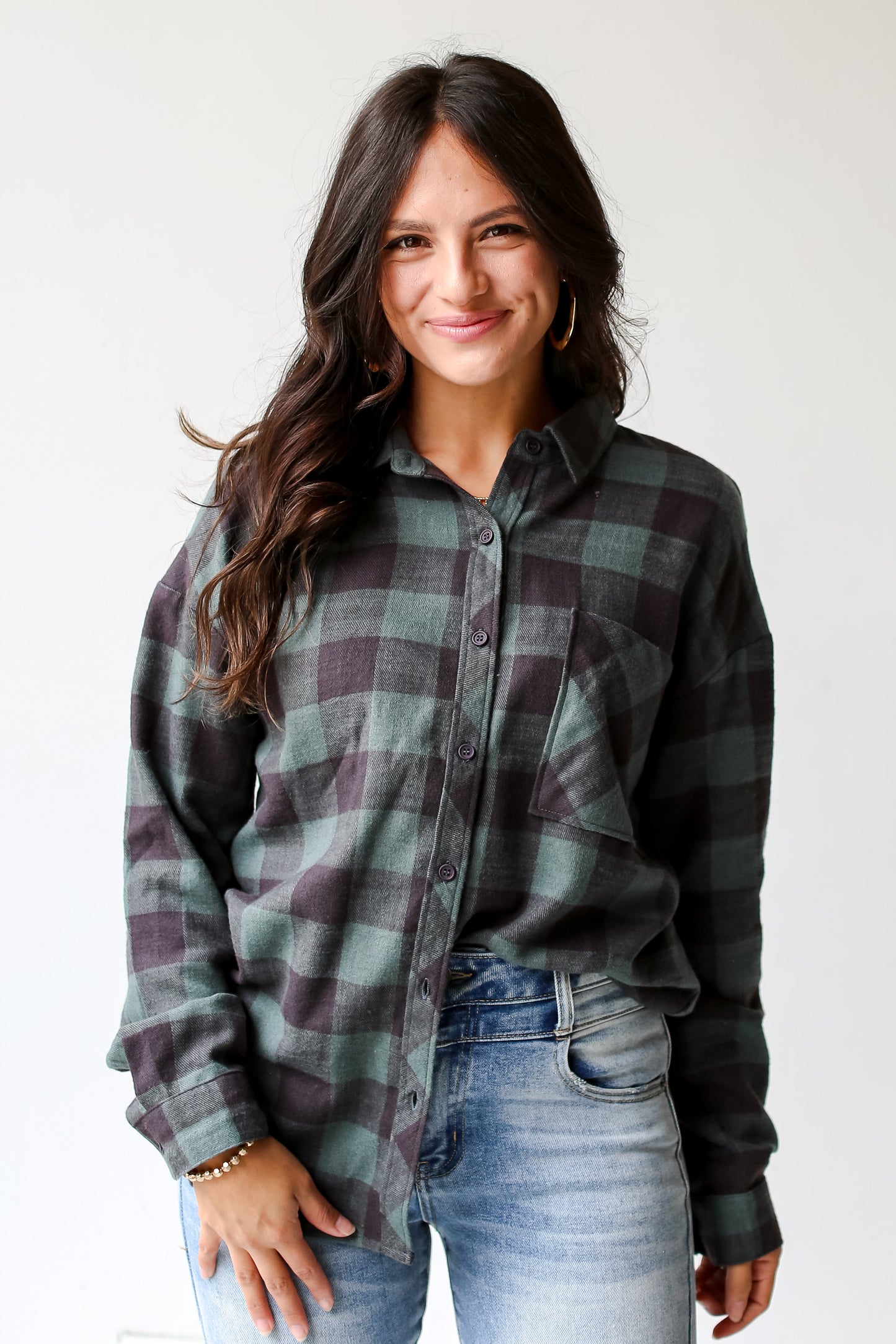 green Plaid Flannel front view