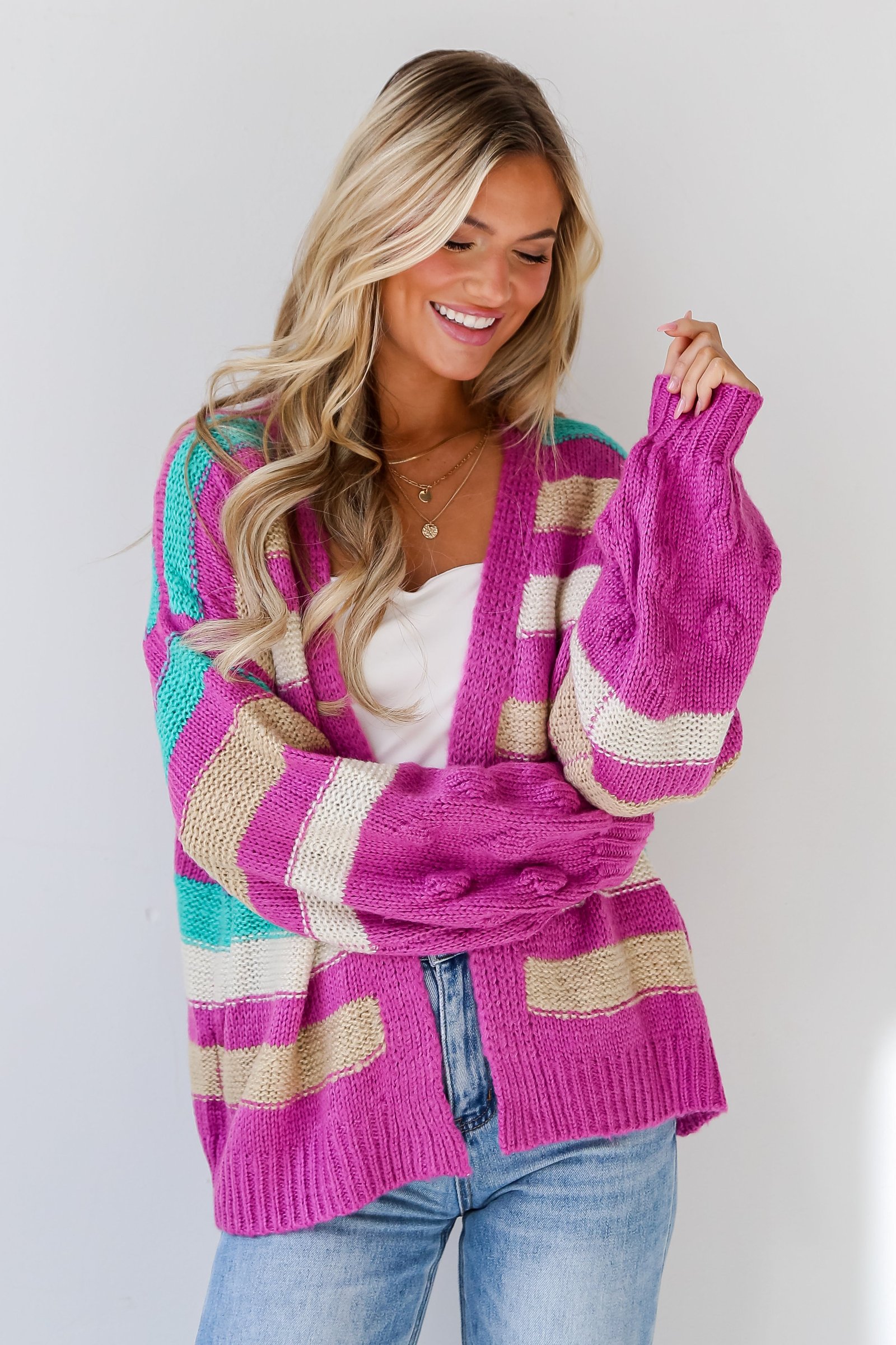 Easygoing Style Fuchsia Striped Sweater Cardigan