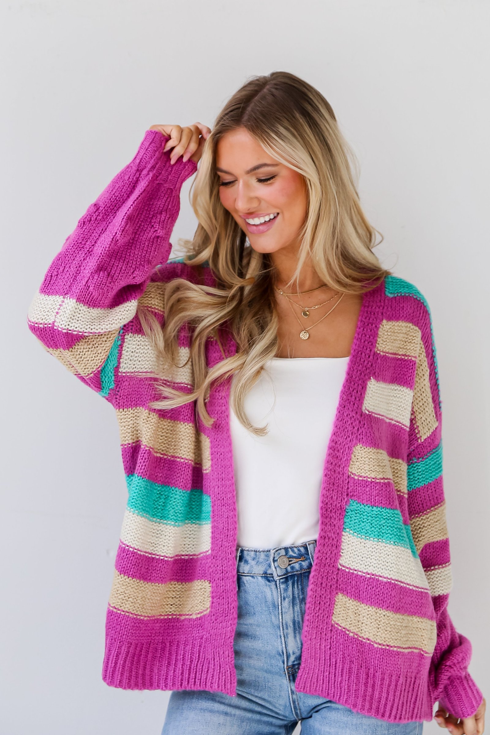 Easygoing Style Fuchsia Striped Sweater Cardigan