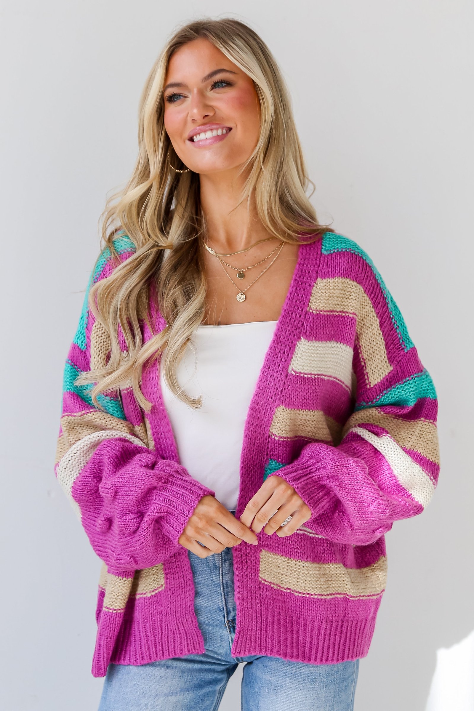 Easygoing Style Fuchsia Striped Sweater Cardigan