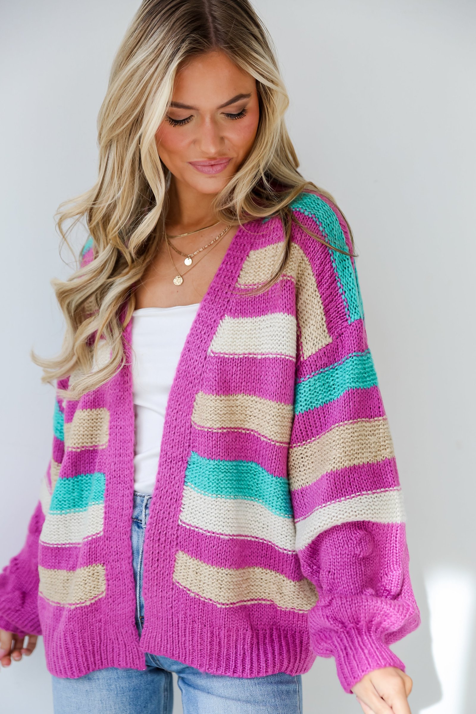 Easygoing Style Fuchsia Striped Sweater Cardigan